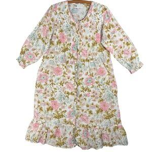 Ella Simone Womens Medium Cotton Floral Pintuck Button Front Nightgown Pink Blue
